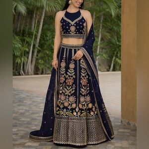 Embroidered Navy Blue Lehenga Set